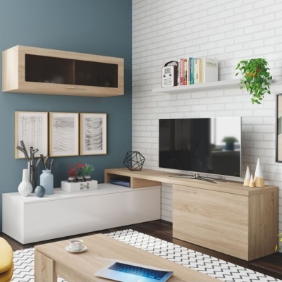 Sala de estar com móveis de madeira clara, prateleira com livros e plantas, TV e decoração moderna