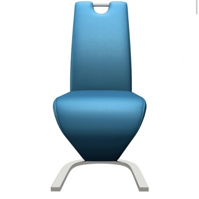 Cadeira estofada azul com encosto alto e base metálica cinzenta