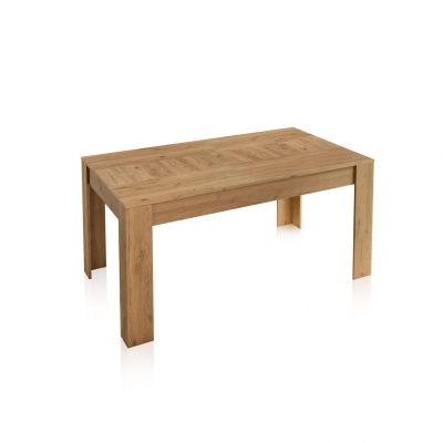 Mesa retangular de madeira castanha clara com pernas quadradas