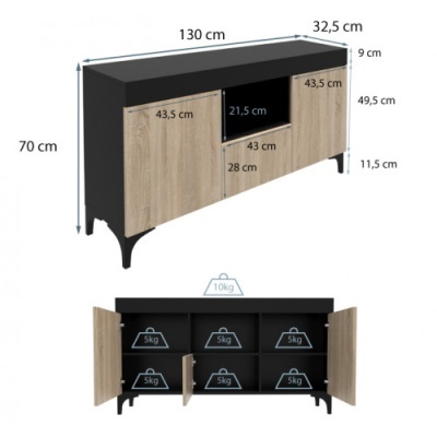Móvel preto com portas de madeira clara e dimensões detalhadas