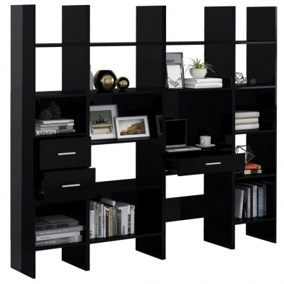 Estante modular preta com prateleiras e gavetas cheia de livros e decoração