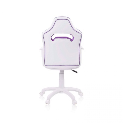 Cadeira de escritório branca com detalhes em roxo vista de costas