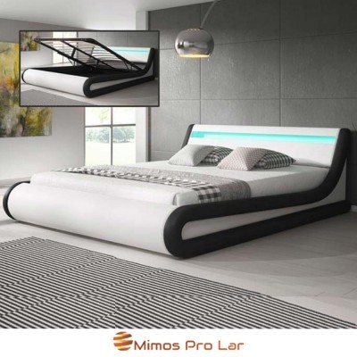 Cama moderna branca e preta com iluminação LED azul e almofadas xadrez