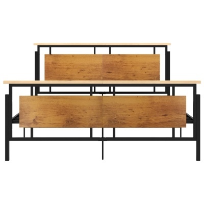Cama de madeira e metal com painéis de madeira clara e estrutura preta