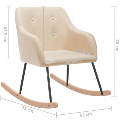 Cadeira de baloiço bege com bases de madeira e pés pretos com medidas