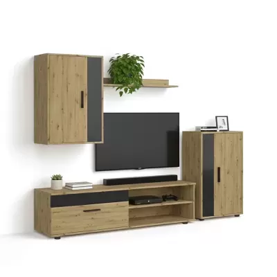 Móvel de sala em madeira clara com detalhes pretos, incluindo armário suspenso, prateleira, base para TV e armário vertical.