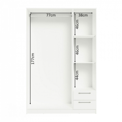 Armário branco com gavetas e prateleiras com medidas em centímetros