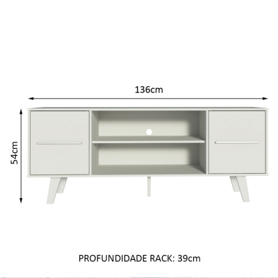 Rack para TV branco com portas e prateleiras, medidas 136x54x39 cm
