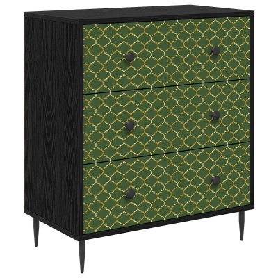Cómoda verde e preta com padrão geométrico dourado e três gavetas