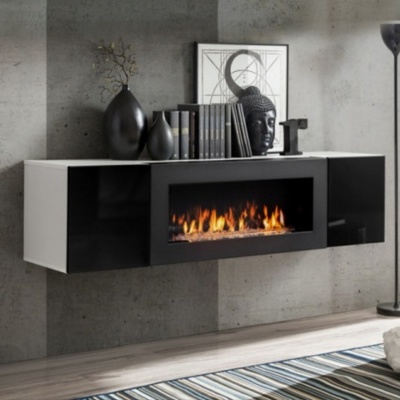 Móvel suspenso com lareira eletrónica e decoração em ambiente moderno