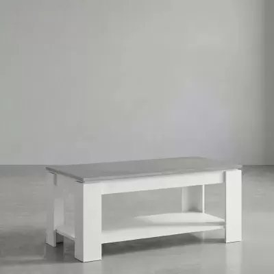 Mesa de centro com tampo cinza e estrutura branca
