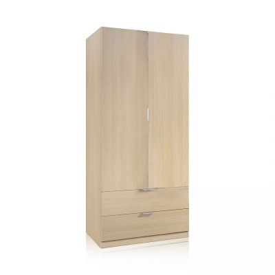 Roupeiro de madeira clara com duas portas e duas gavetas