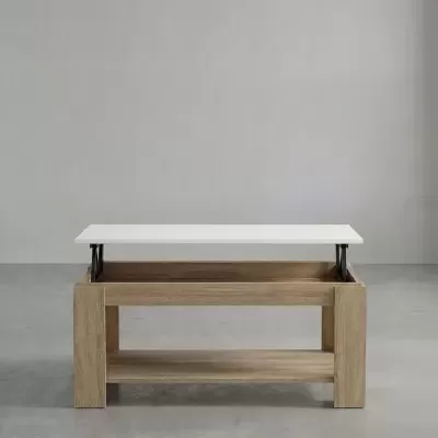 Mesa de centro em madeira clara com tampo branco elevatório