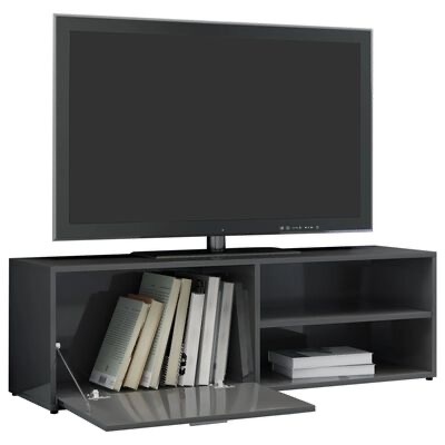 Móvel de TV cinza com livros e televisão preta em fundo branco