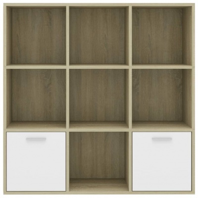 Estante de madeira com nove compartimentos e duas portas brancas