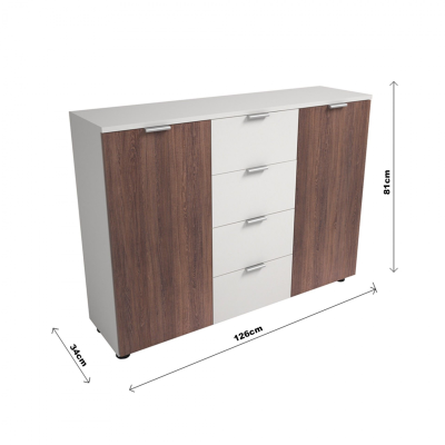 Aparador com portas em madeira castanha e gavetas brancas com puxadores metálicos