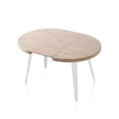 Mesa extensível oval com tampo em madeira clara e pernas brancas