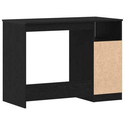 Mesa de escritório preta com porta de cor cru e prateleira aberta