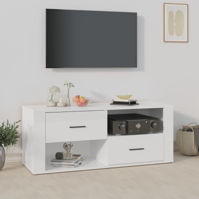 Móvel de televisão branco com decoração e TV montada na parede