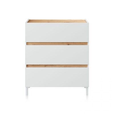 Cómoda branca com detalhes em madeira natural e três gavetas
