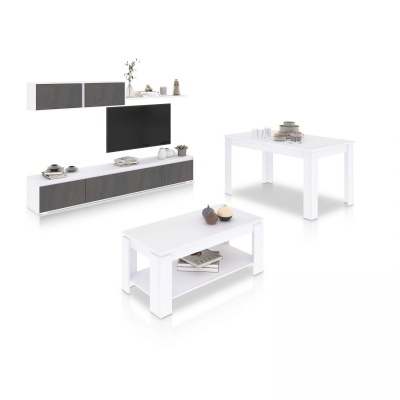 Conjunto de móveis de sala de estar moderno com mesa de centro, mesa de jantar e unidade suspensa de armazenamento