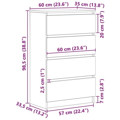 Cómoda branca com três gavetas e medidas técnicas em roxo