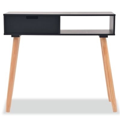 Mesa de apoio preta com pernas de madeira clara e uma gaveta