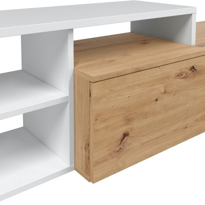 Móvel branco com compartimento em madeira clara