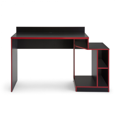 Secretária preta com bordas vermelhas e prateleiras à direita