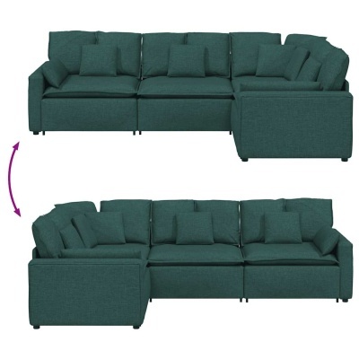 Sofá de canto modular verde escuro com almofadas soltas e braços largos