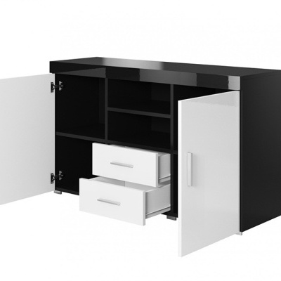 Móvel de arrumação preto com portas e gavetas brancas abertas