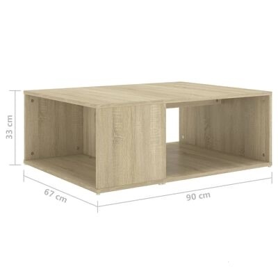 Mesa de centro retangular em madeira clara com três compartimentos e medidas 90x67x33 cm
