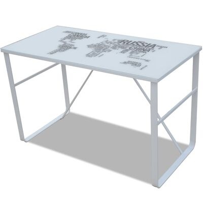 Mesa de escritório branca com tampo em vidro fosco decorado com mapa mundi