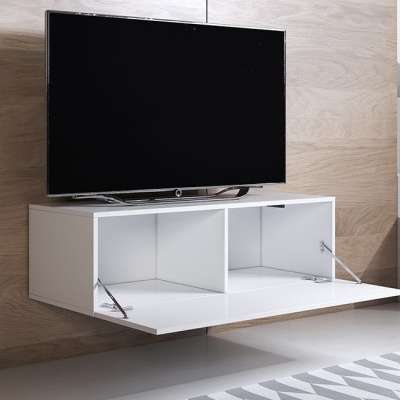 Móvel sala de estar suspenso branco com televisão em painel madeira clara