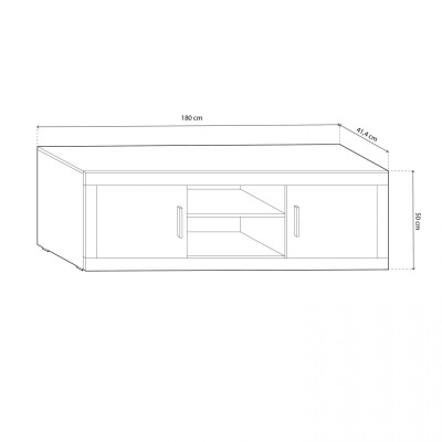 Desenho esquemático de móvel branco com duas portas e prateleiras, com medidas indicadas.