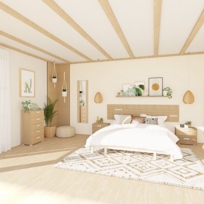 Quarto iluminado com cama, móveis em madeira clara e decoração com plantas e quadros.