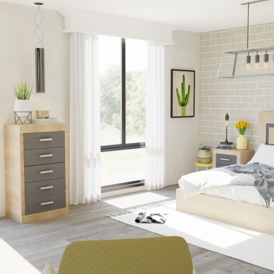 Quarto moderno com móveis em madeira clara e detalhes cinzentos, parede de tijolos e decoração com plantas e cactos.