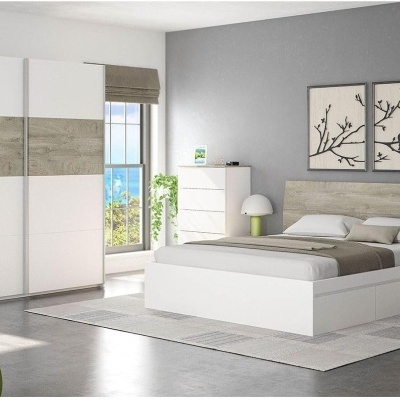 Quarto moderno com cama, roupeiro, cómoda e decoração em tons de branco e cinza