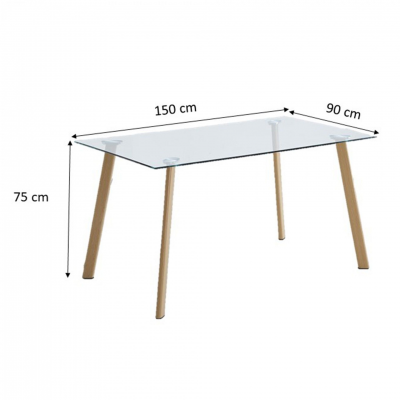 Mesa retangular vidro transparente e pernas de madeira clara com medidas