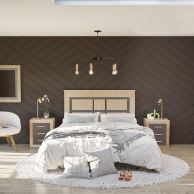 Quarto com cama de madeira clara e escura, roupa de cama branca, duas mesas de cabeceira castanhas e parede castanha