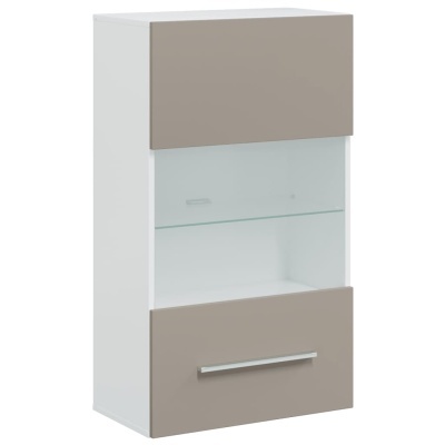 Armário de parede branco com portas cinza e prateleira de vidro