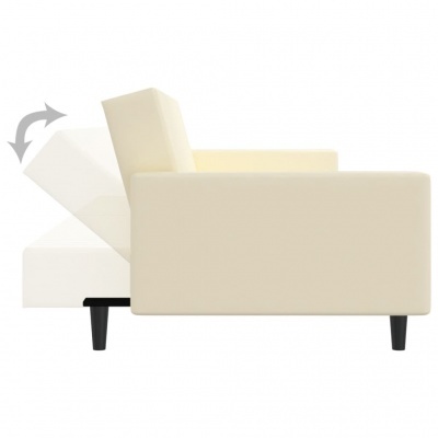 Sofá cama bege claro com mecanismo reclinável e estrutura em madeira escura