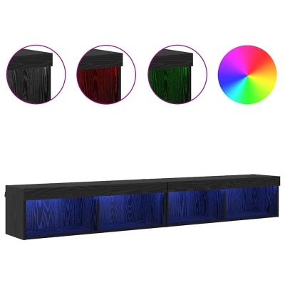 Estante de parede preta com iluminação LED azul interior e opções de cores em vermelho, verde e multicolorido