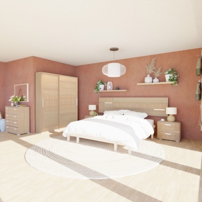 Quarto moderno com móveis de madeira clara, cama de casal com cabeceira almofadada e iluminação natural
