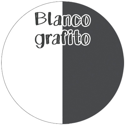 Círculo dividido metade branco, metade grafite com texto 'Blanco grafito'