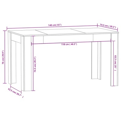 Mesa retangular branca com medidas em centímetros e polegadas
