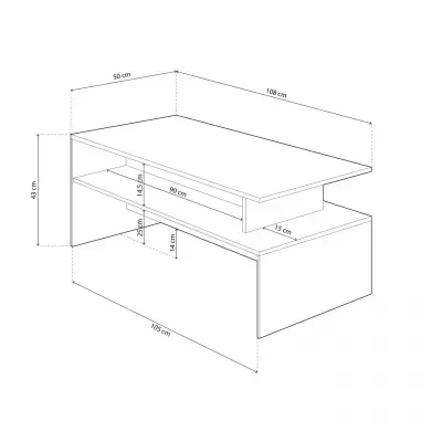 Desenho técnico de uma mesa de centro com prateleiras e medidas em centímetros.