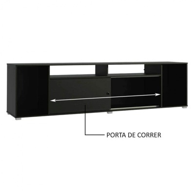 Móvel de TV preto com porta de correr central e compartimentos laterais