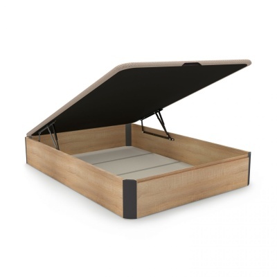 Base de cama elevatória em madeira clara com tampo preto