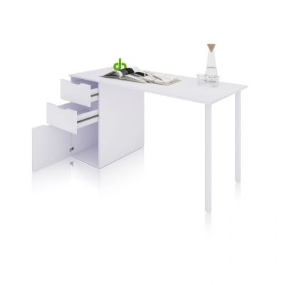 Mesa de escritório branca com gavetas abertas e itens em cima